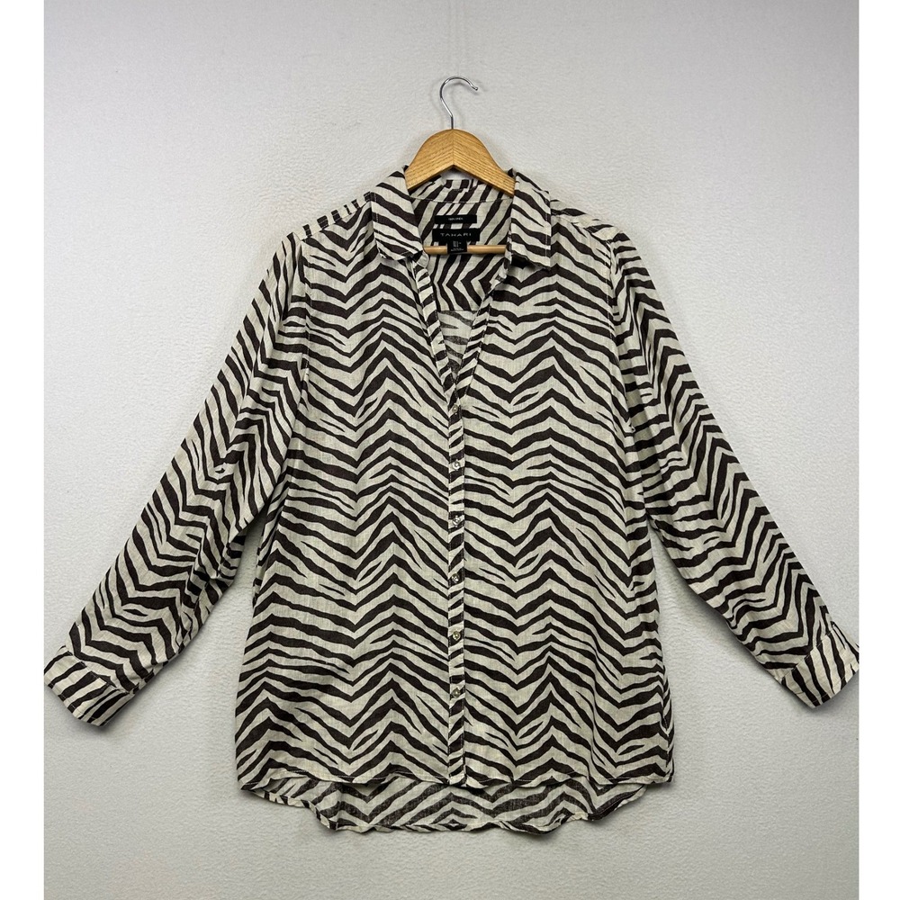 Safari Tahari Womens Large Black White Zebra Print 100% Linen Button Down Shirt